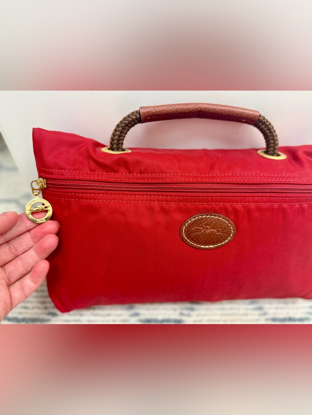 LONGCHAMP Vintage Y2K Collectors Made N France Le Pliage Nylon Red & Leather Bag - Picture 12 of 16